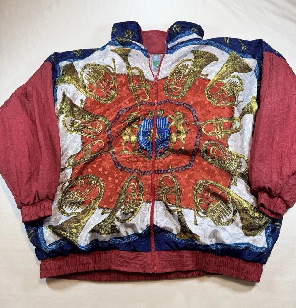 Vintage Pertuition Windbreaker Jacket Brass Instrument Crest Print Red Blue Sz S